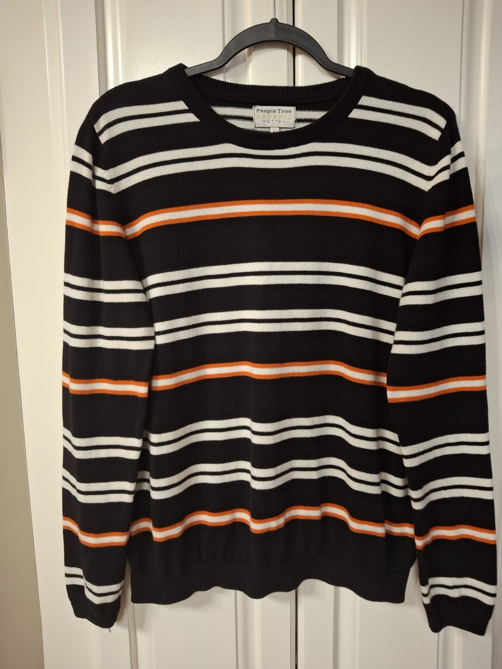 People Tree Womens Black Striped Crewneck Sweater with Orange & White Stripes